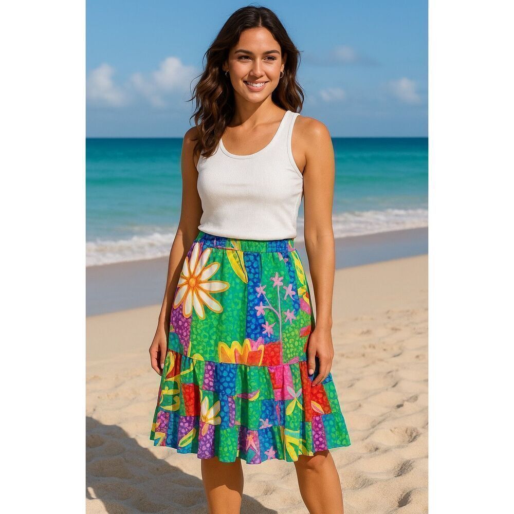 Jams World Voile Floral Color Block Tiered Skirt Green Multi Size S